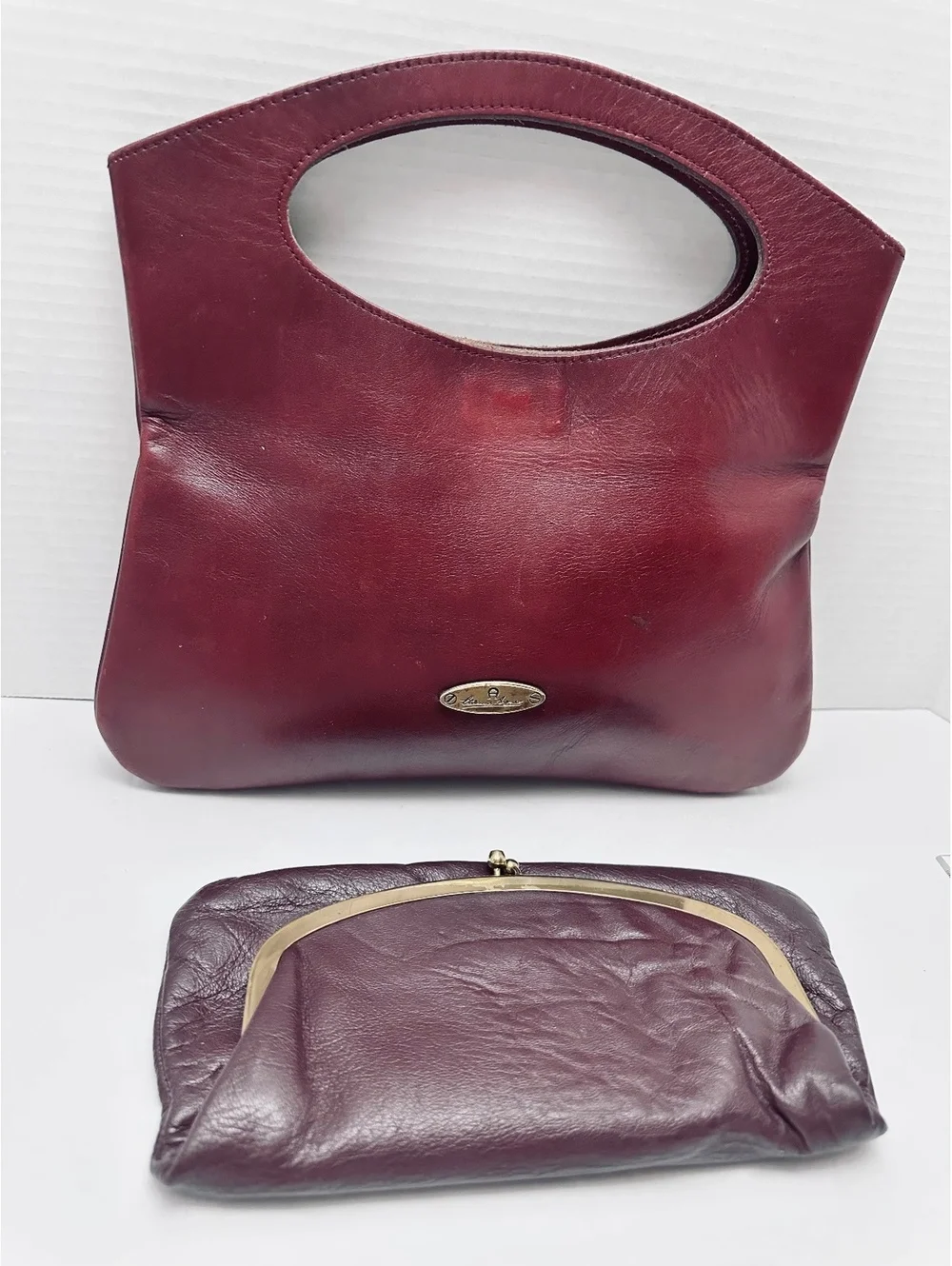 Set of 2 Vintage Oxblood Burgundy Leather Foldover Clutch Handbags